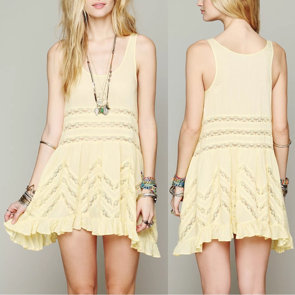 ✨Free People Intimately | Lemon Yellow Voile and Lace Trapeze Slip Dress - Picture 3 of 16